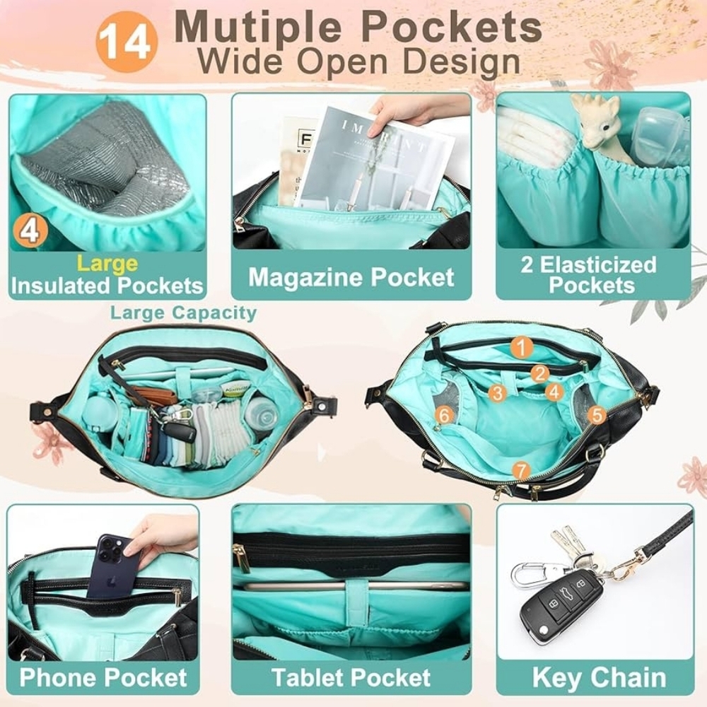Mominside Black Leather Baby Diaper Bag Backpack, 14 Pockets & Changing Pad - Picture 6 of 16